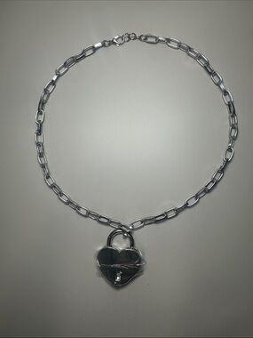 Silver Heart Padlock Chain Necklace - Women's Jewelry